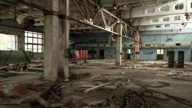 Abandoned Jupiter factory. Aerial photography of a destroyed building communications drone