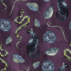 Dark Snake. Seamless pattern. Watercolor for Halloween design