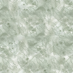 Seamless pattern with hand drawn feathers with watercolor splatters.
