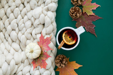 Obraz na płótnie Canvas Spiced cider with orange and cinnamon on green background with fall leaves and pinecones, chunky wool knit blanket