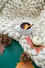 Fototapeta na wymiar Spiced cider with orange and cinnamon on green background with fall leaves and pinecones, chunky wool knit blanket