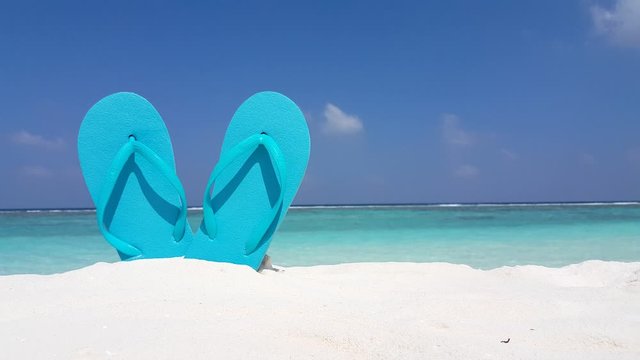 Turquoise flip flops plunged on white beach in a summer sea background, Prince Edward Islands