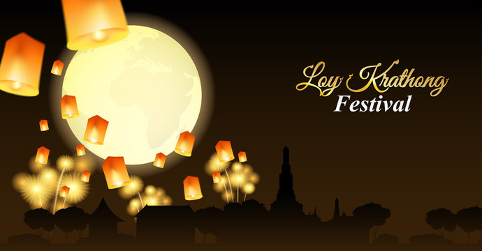 Loy Kratong Thailand Festival .Design With Moon, Lantern And River On Night Background .vector.