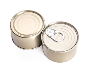 empty tin cans on white background