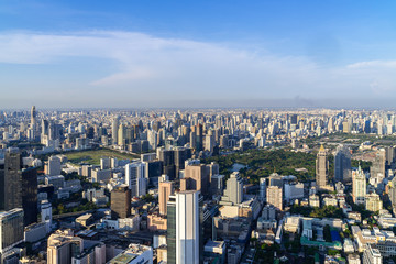 Fototapeta premium The Metropolitan Bangkok City - Aerial view urban tower Bangkok city Thailand on April 2019 , blue sky background , Cityscape Thailand