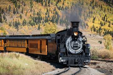 Vintage Steam Train With Autumn Scenery Background.