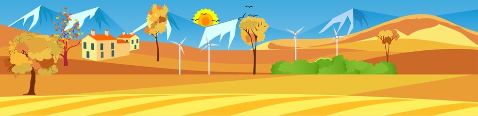 Flat vector illustration of countryside landscape golden hills view, the mountains ,in background. Banner horizontal panorama. © Massaget
