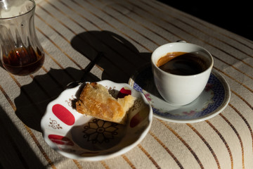 Turkish coffee and borek pastry