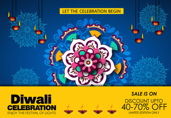 Diwali Festival Sale Design Template with Discount Tag and Creative Lamps, Floral Ornament, Abstract Background - Diwali Offer Modern Flyer Design Template