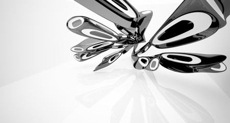 Abstract smooth architectural white and black gloss interior of a minimalist house with large windows. 3D illustration and rendering.