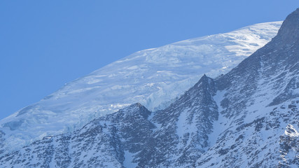 Amazing close up to the perennial glaciers of the Mont Blanc range on the French side. Ice and fresh snow. Wonderful landscape