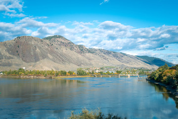 View on Mount Paul and confluence of Thompson Rivers, Overlanders Beach in Kamloops, BC. Sunny...