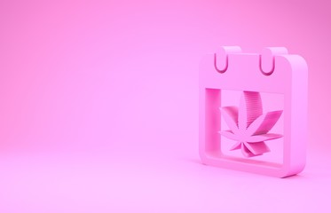Pink Calendar and marijuana or cannabis leaf icon isolated on pink background. National weed day. Hemp symbol. Minimalism concept. 3d illustration 3D render