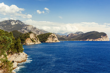 Fototapeta na wymiar Sea and mountains view. Petrovac na Moru in Montenegro