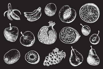 different fruits: banana, apple, pear, plum, etс. Hand drawn fresh fruits. Vector illustration on the black background. Organic food set.