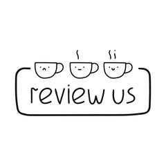 Funny badge - review us. Vector hand drawn illustration on white background.