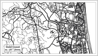 Gold Coast Australia City Map in Black and White Color. Outline Map.