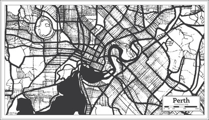 Perth Australia City Map in Black and White Color. Outline Map.
