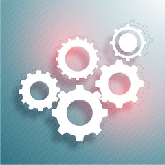 White gear icons on colorful abstract background.