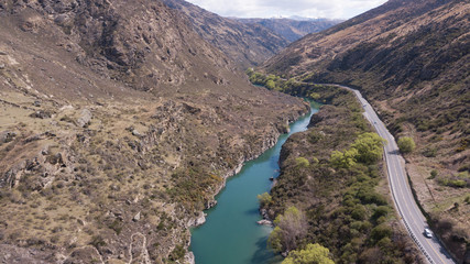 Beautiful aerial view of kawarau River in between of rocky mountain.Kawarau river located along...