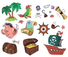 Fototapete Piraten Piratenikonen für Kindergeburtstagsfeier. Kinderunterhaltung, Zeichentrickfiguren, Animation.