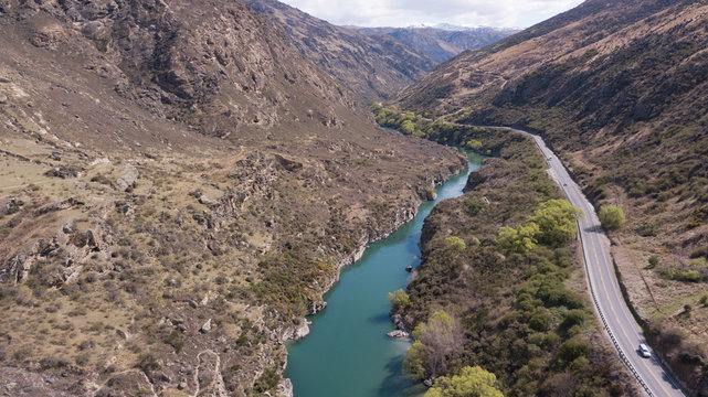 Beautiful aerial view of kawarau River in between of rocky mountain.Kawarau river located along Lindsi pass rout to Queenstown.Amazing.
