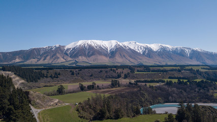 Fototapeta na wymiar Beautiful aerial view of Mount Hutt from Rakaian Gorge.Panoramic view of snow cap mountain in New Zealand.