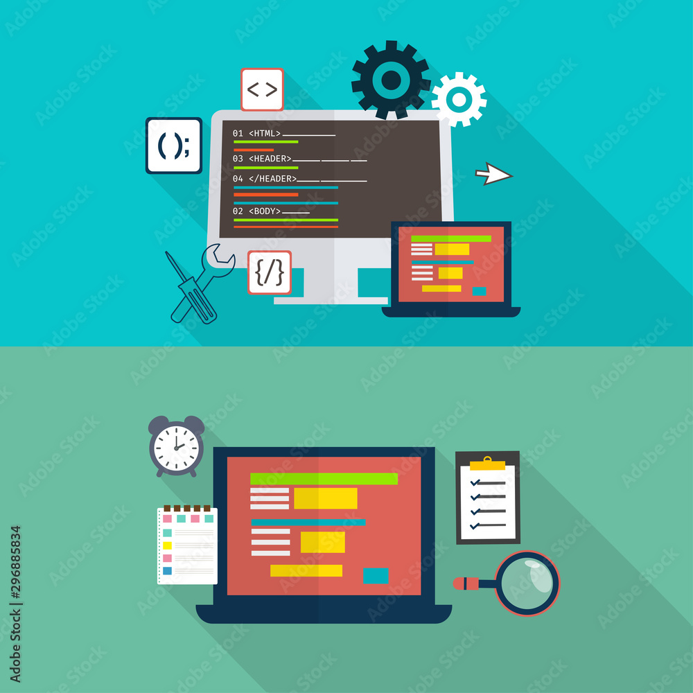 Poster flat illustration for web development with digital devices.