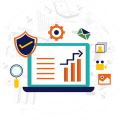 Flat illustration of open laptop with web symbols.