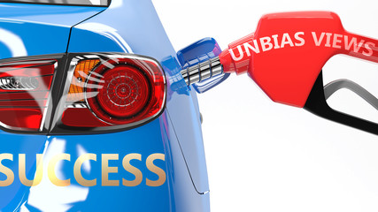 Unbias views, success and happy life - pictured as a fuel pump and a car with success sticker, shows concept that Unbias views brings profits and success in life, 3d illustration