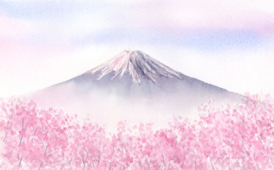 富士山と満開の桜　水彩画