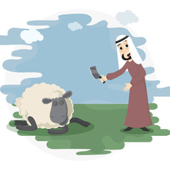 Eid-Al-Adha concept with arabian man and sheep.