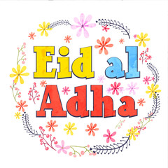 Colorful Eid-Al-Adha text with flowers decoration.
