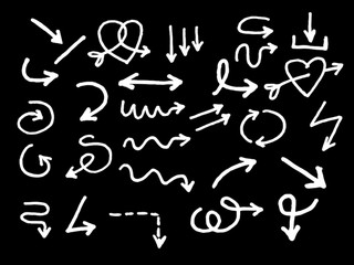 doodle set of abstract line arrows with hand drawn style on black background for concept design. vector illustration