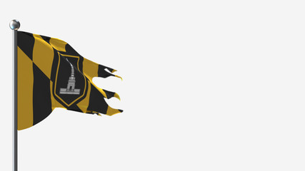 Baltimore City 3D tattered waving flag illustration on Flagpole. Perfect for background with space on the right side.