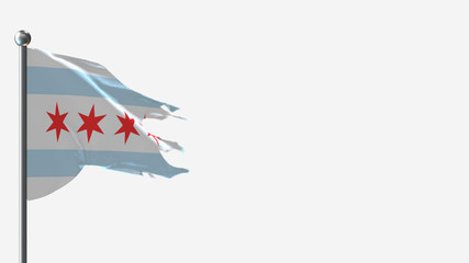 Chicago 3D tattered waving flag illustration on Flagpole. Perfect for background with space on the right side.
