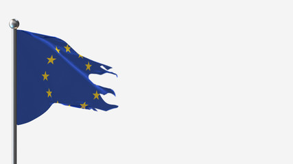 European Union 3D tattered waving flag illustration on Flagpole. Perfect for background with space on the right side.
