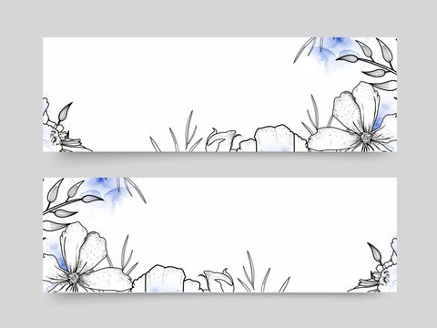 Web headers with black and white floral design.