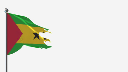 Sao Tome And Principe 3D tattered waving flag illustration on Flagpole. Perfect for background with space on the right side.