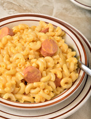 Macaroni and Cheese with hot dog slices