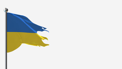 Ukraine 3D tattered waving flag illustration on Flagpole. Perfect for background with space on the right side.