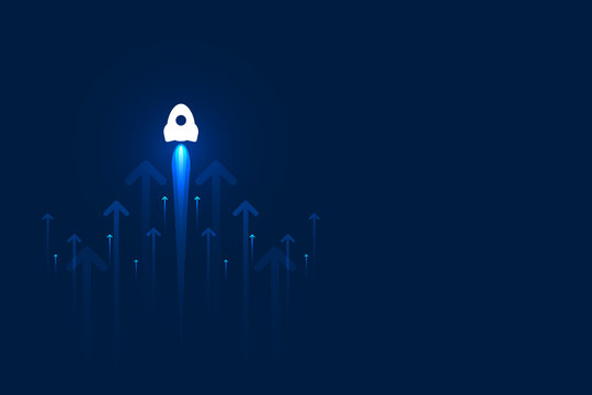 Up rocket and arrows on blue background illustration, copy space composition, business growth concept.