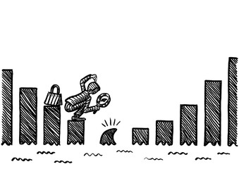 Fototapeta premium Drawn Man Spotting Shark Fin In Growth Bar Chart