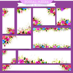 Social Media Post and Headers with watercolor flowers.