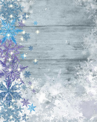 Winter Background with Snowflake Border on Left of Frozen Wood Textured Surface. Great for Christmas, New Year, and Winter Holidays Announcement, Advertisement, Banner, Greeting Card,Invitation etc.