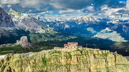 Mountain shelter nuvolau near Passo Giau, Dolomites, aerial view