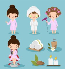 cute cartoon girl doing spa therapy collection set