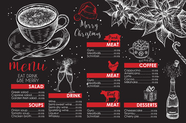 Merry Christmas menu. Design template. Vector hand drawn illustration. - obrazy, fototapety, plakaty