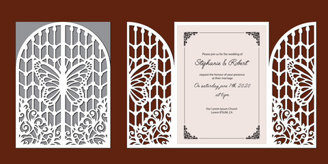 Laser cut template of wedding invitation. Fold gate with lace pattern, butterfly at vintage style. Envelope with ornate abstract ornament for greeting card. Openwork vector silhouette. Paper cutout. - obrazy, fototapety, plakaty
