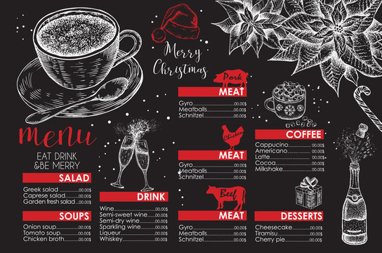 Merry Christmas menu. Design template. Vector hand drawn illustration.